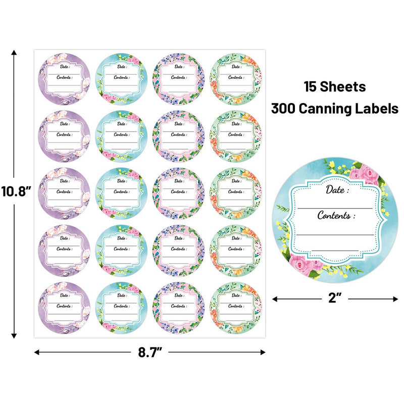 Canning Labels Stickers 4 Floral Designs 2 Inch Large Round 300 PCS for Container Labels Spice Mason Jar Lids Canister Food Storage Packaging Sealing Canning Supplies