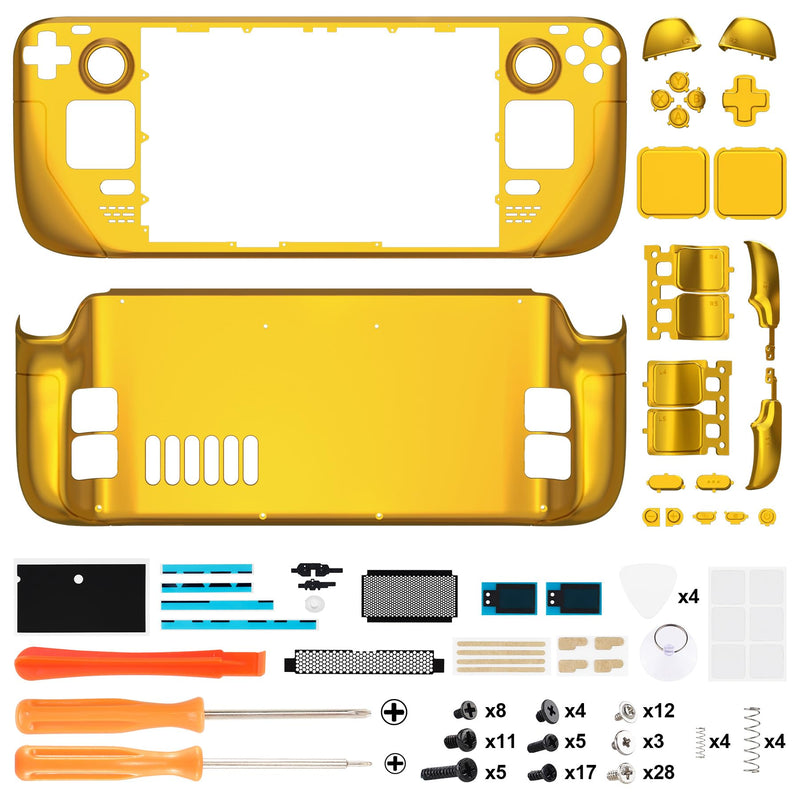 eXtremeRate Chrome Gold Custom Glossy Faceplate Back Plate Shell for Steam Deck, Handheld Console Replacement Housing Case, DIY Full Set Shell w/Buttons for Steam Deck Console - Console NOT Included