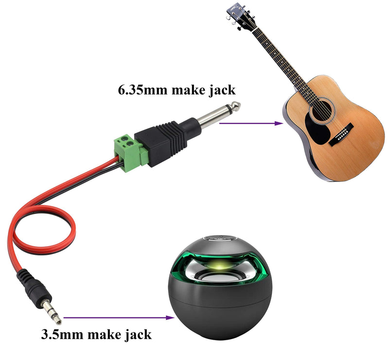 AAOTOKK 6.35mm Screw Terminal Block Connector 6.35mm (1/4") TS Mono Male to 2 Pin/Way Female Bolt Screw Terminals Pluggable AUX Audio Microphone/Speaker Wire Solderless Converter(5-Pack)