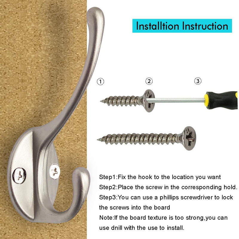 10 Pack Heavy Duty Dual Coat Hooks Wall Mounted with 40 Screws Retro Double Hooks Utility Black Hooks for Coat, Scarf, Bag, Towel, Key, Cap, Cup, Hat (Silvery) Silvery