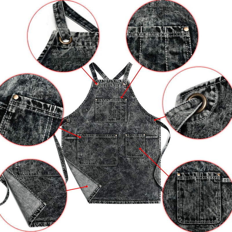 Jeanerlor - Denim Apron With Pockets for Women and Men - Washing Style | Adjustable S to XXL Adjustable:S to L Black
