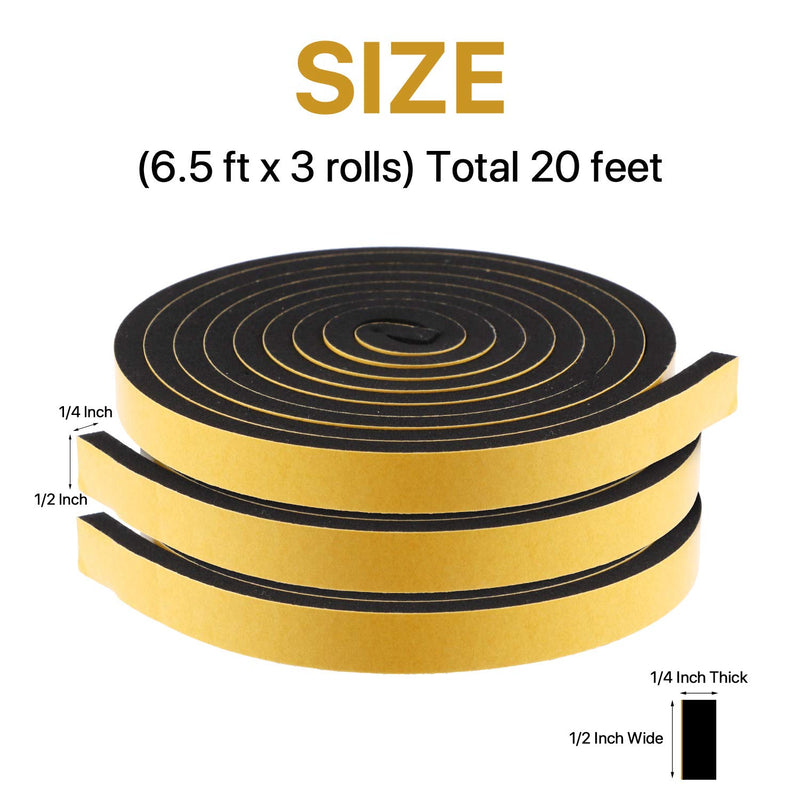 Foam Weather Stripping 3 Rolls, 1/2 Inch Wide X 1/4 Inch Thick Total 20 Feet Long, EPDM Foam Strips with Adhesive High Density Foam Tape for Doors and Windows Insulation (6.5ft x 3 Rolls) 1/2" (W) x 1/4" (T) x 20' (L)