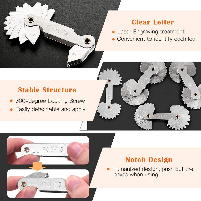 Rustark 4 Pcs Metric Radius Gauge Stainless Metal External and Internal Arc Fillet Concave Convex Measuring Tool Set Including R0.3-1.5/ R1-6.5/ R7-14.5/ R15-25