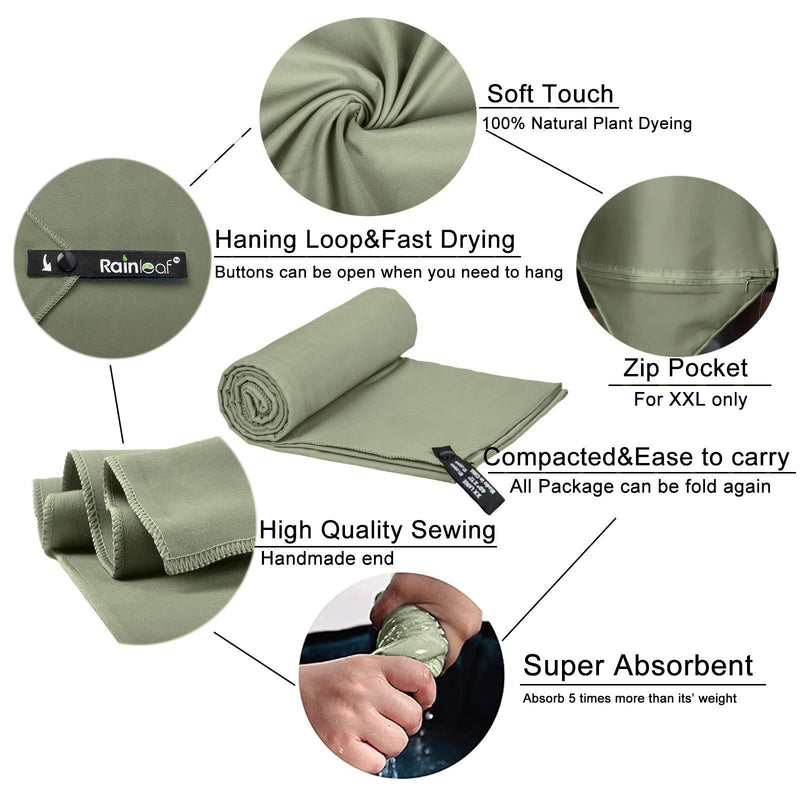 Rainleaf Microfiber Towel Perfect Travel & Sports &Beach Towel. Fast Drying - Super Absorbent - Ultra Compact. Suitable for Camping, Backpacking,Gym, Beach, Swimming,Yoga Army Green X-Small (12 x 24 inches)