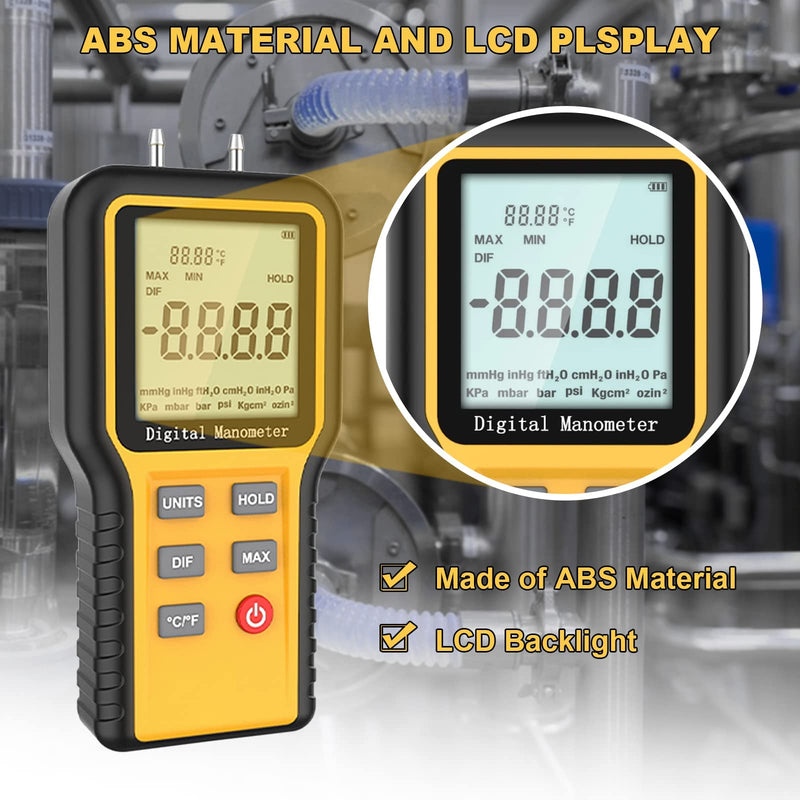Manometer, Professional Air Pressure Gauge, Handheld HVAC Manometer 12 Selectable Units Differential Pressure Display, Dual Port Manometer Gas Pressure Tester with Backlight (Battery Included) Yellow