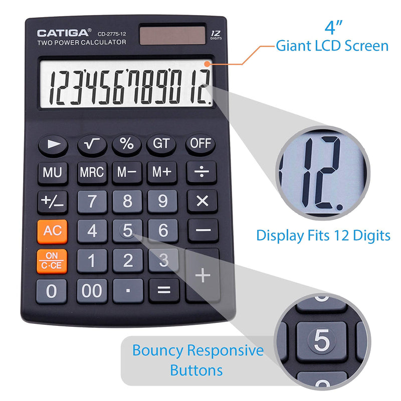 Desktop Calculator with 12 Digit LCD Display Screen, Home or Office Use, Easy to Use with Clear Display/Memory Functions, CD-2775 Black