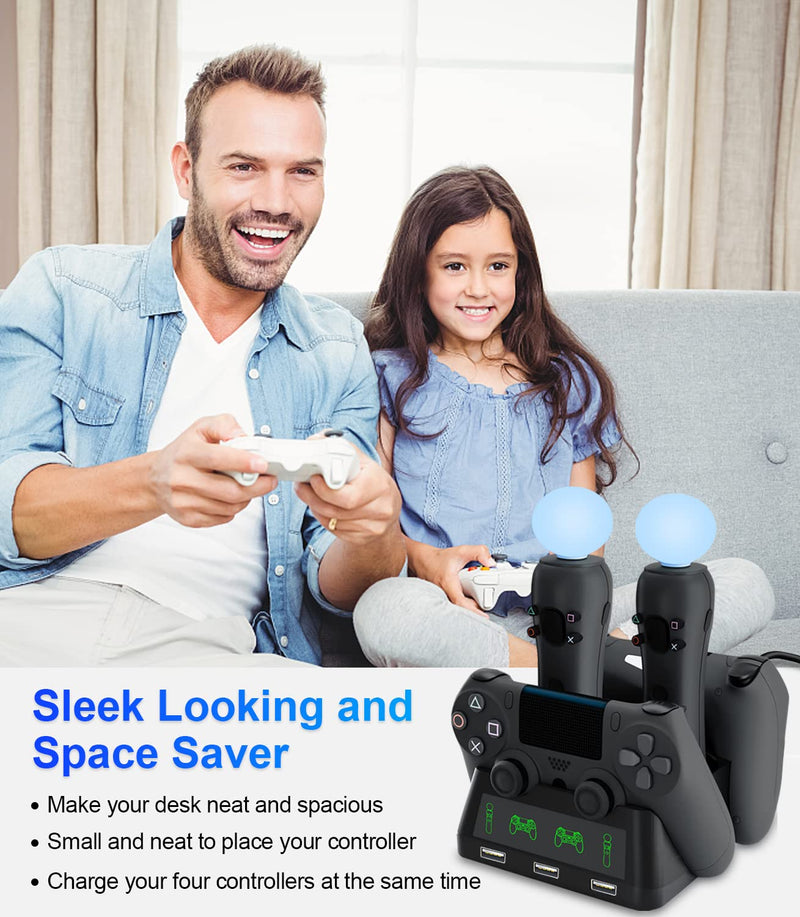 PS4 Controller Charging Dock Station, 4 in 1 PS VR Motion Move Controller Charger Station, Fast Playstation 4 Controller Charger with LED Indicator Compatible with PS4/Slim/PS4 Pro/PS VR Charging Dock