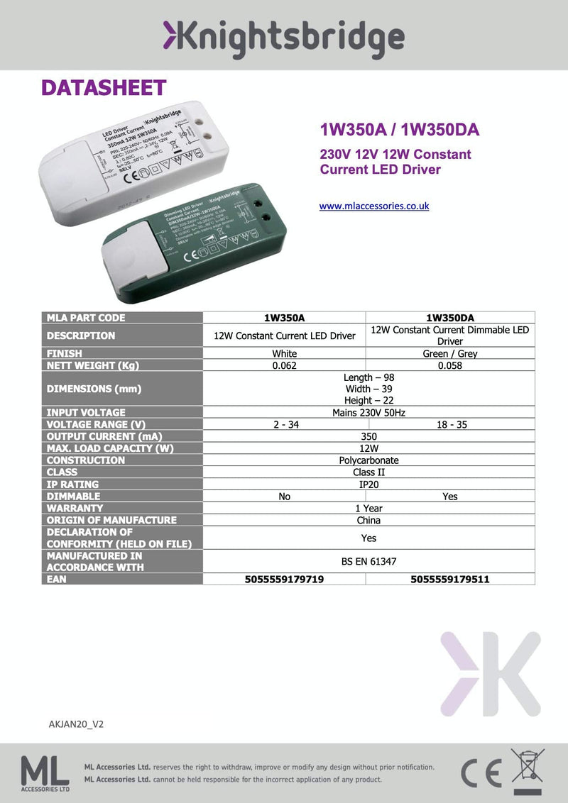 Knightsbridge 1W350A Constant Current LED Driver IP20 350mA 12W White LED Light Non Dimmable LED - Non Dimmable 12W Constant Current