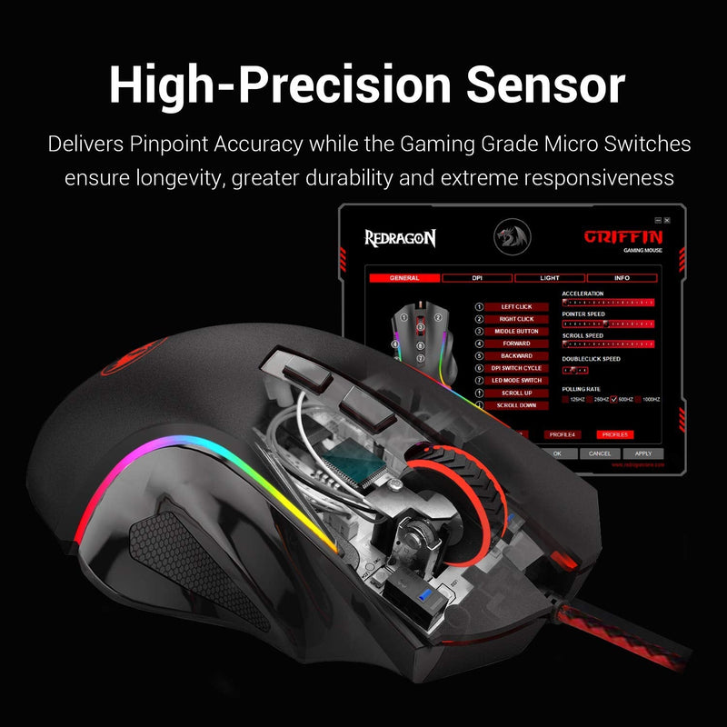 Redragon M602 RGB Wired Gaming Mouse RGB Spectrum Backlit Ergonomic Mouse Griffin Programmable with 7 Backlight Modes up to 7200 DPI for Windows PC Gamers (Black) Black