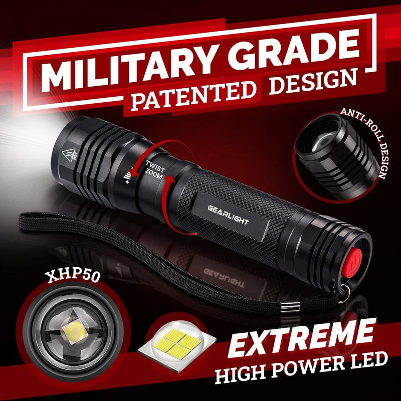 GearLight High Lumens LED Flashlight S2500 - Powerful Patented 1500 Lumen Flashlights, Brightest Tactical Flash Light, Super Bright Camping Accessories and Gear