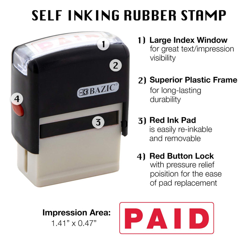 BAZIC Paid Self Inking Rubber Stamp (Red Ink), Stamp Impression Size 1.41" x 0.47", Great for Office, Shipping, Receiving, Accounting, Expiration, Due Dates, 1-Pack Paid (Red Ink)