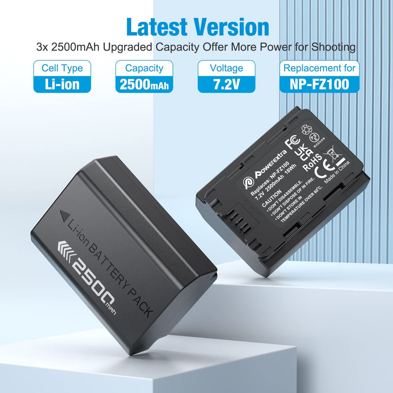 Powerextra Replacement Sony NP-FZ100 Battery and LCD Triple Charger for Firmware 2.0 Sony Alpha A7 III, A7R III, A9, Sony Alpha 9, A7R3, a6600, a7R IV, Alpha a9 II, Alpha 9R, A9R, Alpha 9S Camera