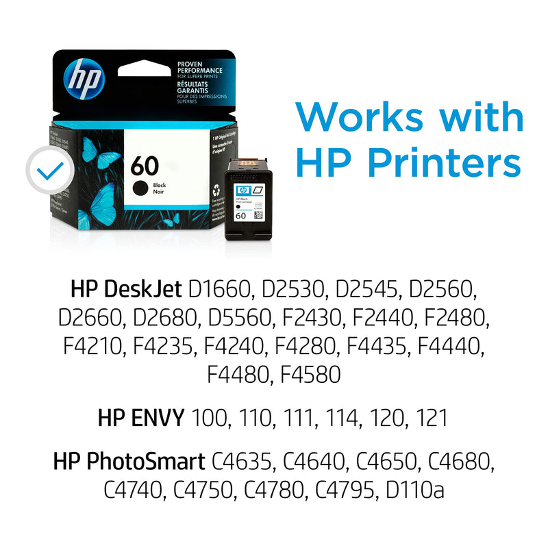 HP 60 | Ink Cartridge | Black | Works with HP DeskJet D2500 Series, F2430, F4200 Series, F4400 Series, HP ENVY 100, 110, 111, 114, 120, HP Photosmart C4600 Series, C4700 Series, D110a | CC640WN