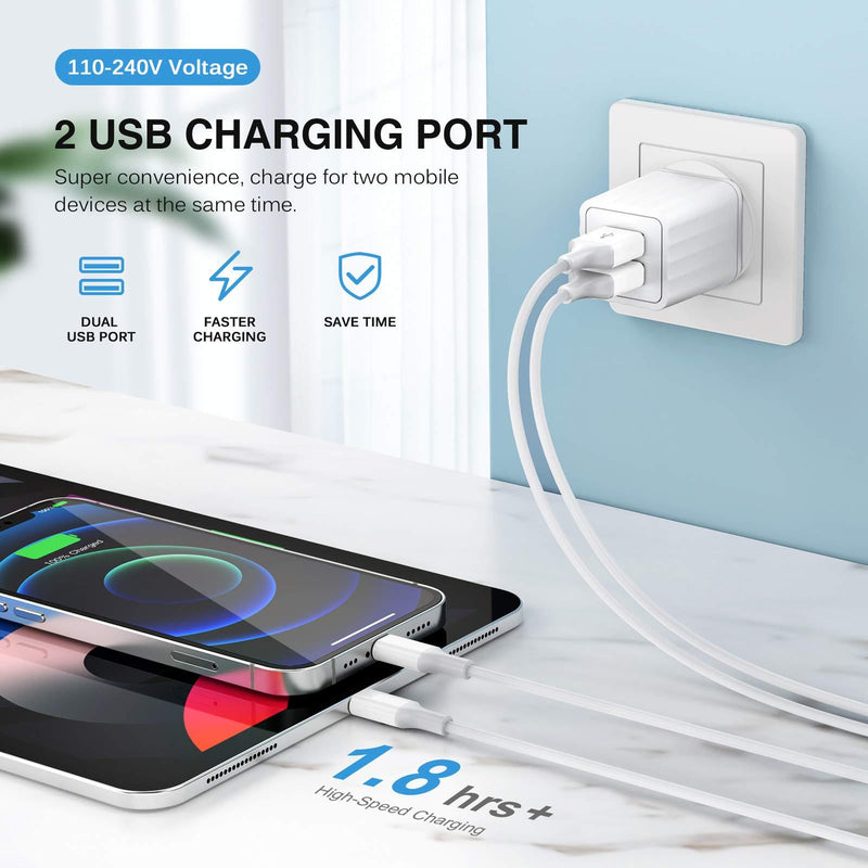 Vagavo for iPhone Charger, MFi Certified Lightning Cable Fast Charging 6ft Data Sync Transfer Cord Dual Port USB Wall Charger Compatible with iPhone 12 11 Xs Max XR X 8 7 6S 6 Plus SE 5S iPad (2 Sets)