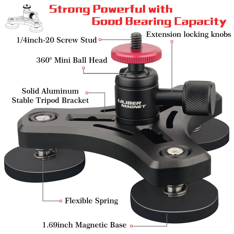 ULIBERMAGNET Magnetic Action Camera Mount,Solid Aluminum Magnetic Mount Tripod with Mini Ball Head,Strong Rubber Coated Magnet with 1/4’’-20 Male Thread Stud for Mobile Camera,GoPro,Security Camera 3*1.69INCH Magnetic Tripod Camera Mounts