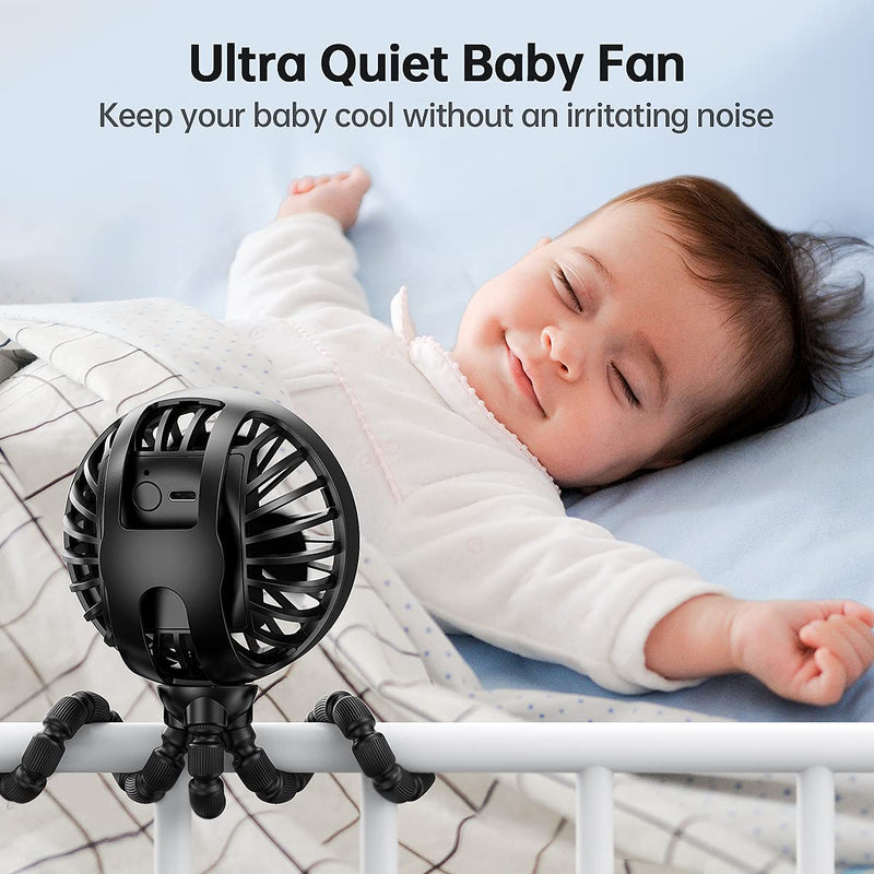 Mini Portable Fan, 2021 GUSGU Stroller Fan with Flexible Tripod, 3 Speed Cooling Desk Fan with Rechargeable Battery Operated,Small Fan for Bedroom, Outdoor, Camping, ect. Black