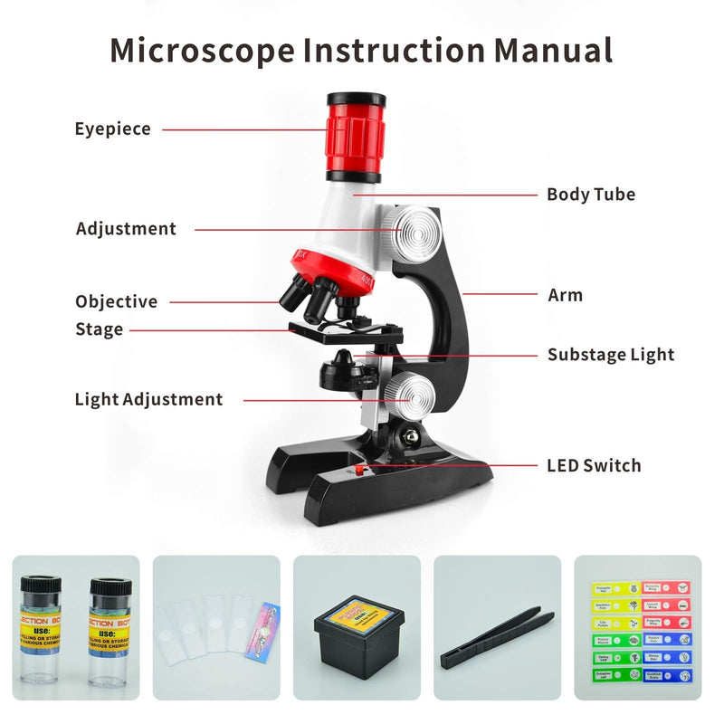 Science Kits for Kids Beginner Microscope with LED 100X 400X and 1200X-Include Sample Prepared Slides 12pc- Educational Toy Birthday Valentine's Day Gift