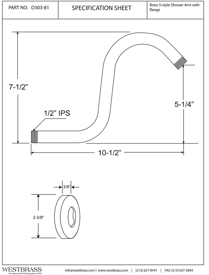 Westbrass 1/2" IPS x 8" S-Shaped Shower Arm and Flange, Polished Chrome, D303-81-26