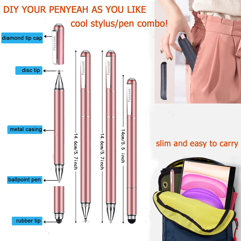 Penyeah Diamond Stylus Pen for iPad, Multi-Tips Capacitive Stylist Pens for Touch Screens, Universal for Apple iPhone/Ipad/Android/Microsoft/Surface Laptop Tablet - Rose Gold