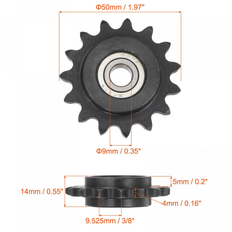 uxcell #35 Chain Idler Sprocket, 9mm Bore 3/8" Pitch 15 Tooth Tensioner, Black Oxide Finished C45 Carbon Steel with Insert Single Bearing for ISO 06C Chains