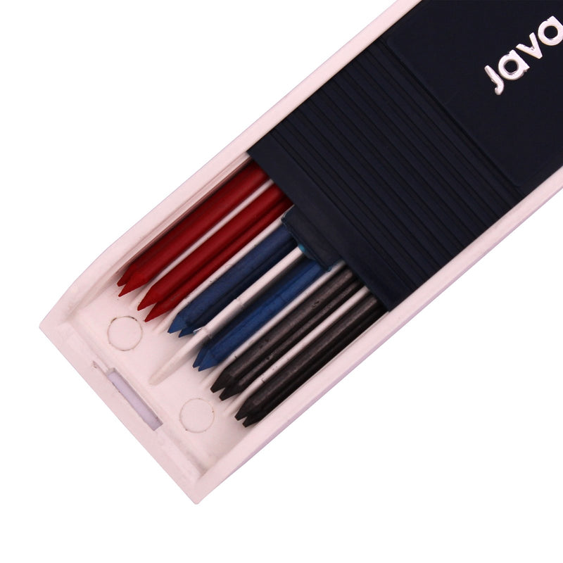 Java Pen 2.0 mm Lead Holder Pen Mechanical Pencil for Draft Drawing,Carpenter,Crafting, Art Sketching Sharpener (Pack of 3 Pens) + (2.0mm Hb Lead 1 Tube-Red 4+Blue 4 + Black 4=12 Leads)