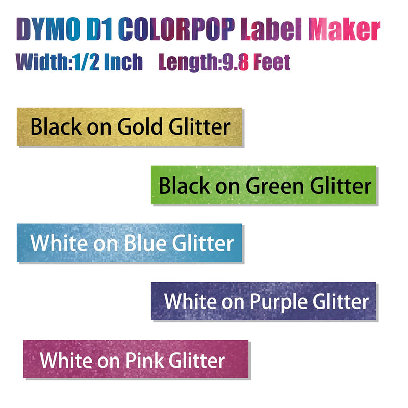 Compatible with DYMO D1 COLORPOP Label Maker Tape,for Dymo D1 Label Tape 12mm 0.47" Pink/Purple/Blue/Gold/Green Glitter,for DYMO ColorPop Label Maker Refills LabelManager 160 280 360D 420P PnP, 5-Pack