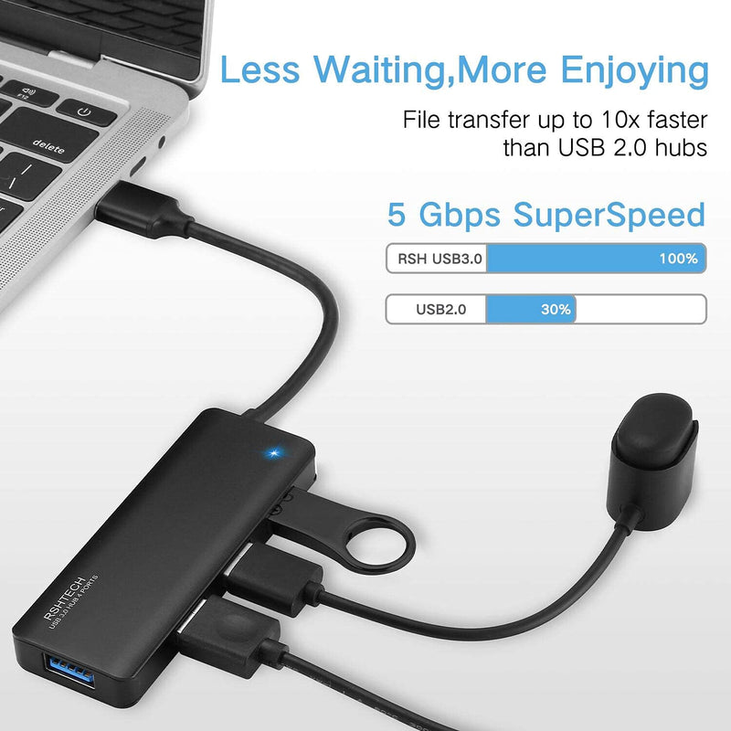 USB Hub 3.0 Splitter RSHTECH Aluminum USB Port Expander Ultra Slim 4 Port USB 3.0 Data Hub for Laptop and PC Black (RSH-336B) Full Black USB 3.0 hub