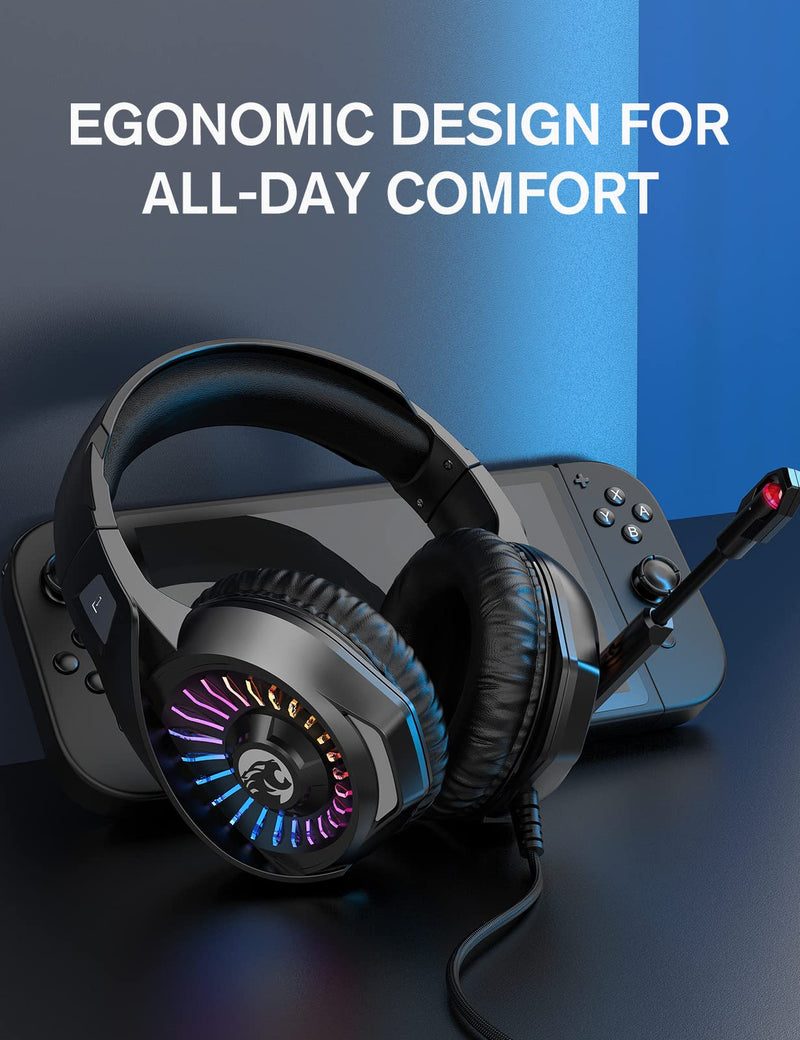 ZIUMIER Gaming Headset with Microphone, Compatible with PS4 PS5 Xbox One PC Laptop, Over-Ear Headphones with LED RGB Light, Noise Canceling Mic, 7.1 Stereo Surround Sound Black