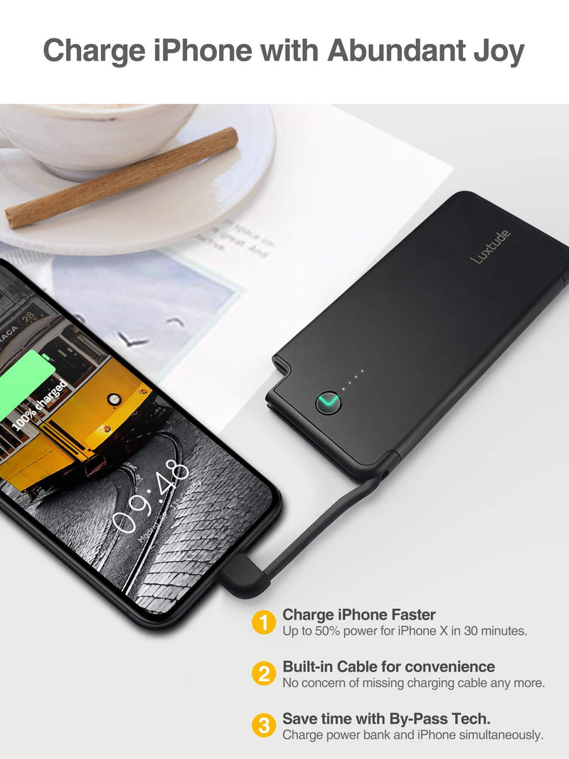Luxtude 5000mAh Portable Charger for iPhone, Ultra Slim Mfi Apple Certified External Battery Pack Built in Lightning Cable, Fast Charging Power Bank for iPhone 12/11 Pro/X/XR/XS Max/8/7/6S/6 Plus/6. 1. 5000mAh-Black