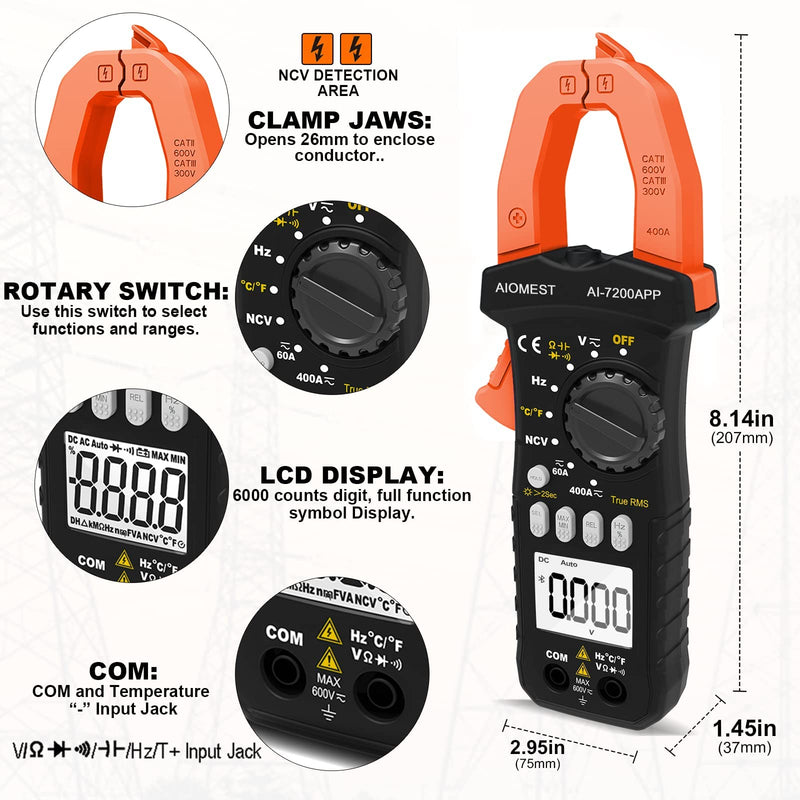 Digital Clamp Multimeter, AC DC Amp Volt Ohm Clamp-on Meter with Bluetooth APP, Intelligent DMM AN-7200APP Tester for Voltage Current Resistance Capacitance Hz Temp Diode Continuity Buzzer with Lamp