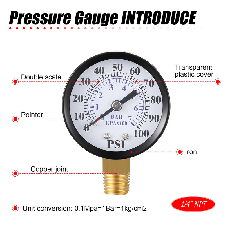 2 Inch Dial Face 1/4 Inch NPT Water Pump Pressure Gauge with 1/4 Inch NPT Male 1/2 Inch NPT Adapter Brass Fitting and Tape