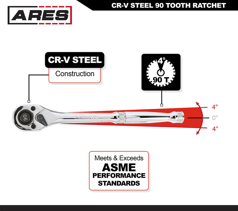 ARES 42047-1/2-Inch Drive 90-Tooth Ratchet - Premium Chrome Vanadium Steel Construction & Mirror Polish Finish - Quick Release for Easy Socket Change - 90-Tooth Reversible Design with 4 Degree Swing 1/2-Inch Drive