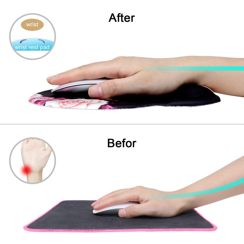 Ergonomic Mouse Pad with Gel Wrist Rest Support, iLeadon Non-Slip Rubber Base Wrist Rest Pad for Home, Office Easy Typing & Pain Relief, Adorable Peony Flower