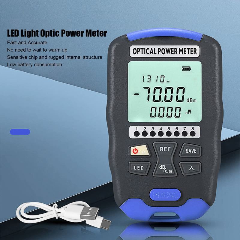 Fiber Optic Power Meter, 3-in-1 Optical Power Meter Fiber Optic Tester with RJ45 Tester and LED Lighting, -70~+10 dBm Mini Rechargeable Fiber Optic Power Meter, FC/SC/ST