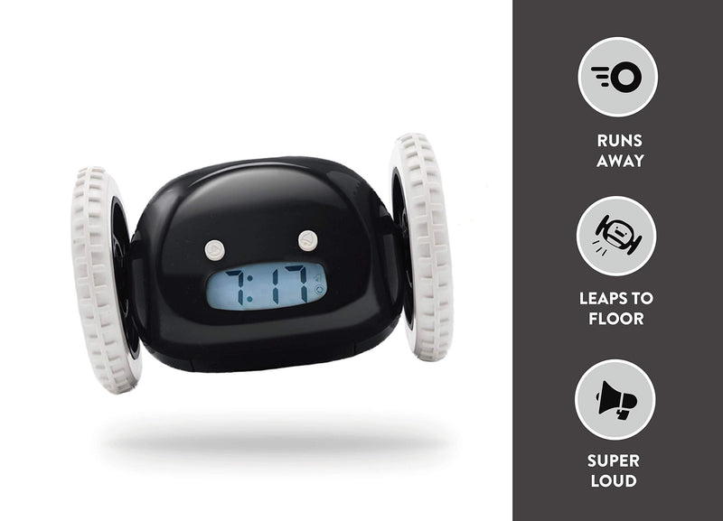 Clocky Alarm Clock on Wheels (Original) |Extra Loud for Heavy Sleeper (Adult or Kid Bed-Room Robot Clockie) Funny, Rolling, Run-away, Moving, Jumping (Black) Black