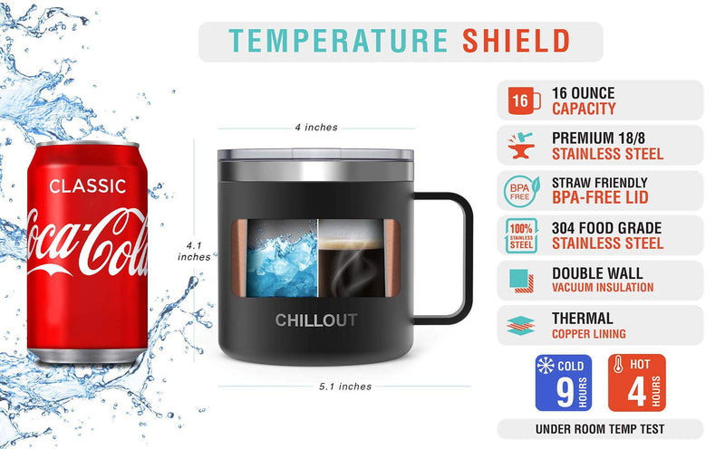 16 oz Stainless steel Vacuum Insulated Coffee Mug with Handle and Lid, Large Thermal Camping Coffee Mug Cup with Durable Sliding Lid for Men & Women - Keeps your Beverages Hot/Cold for a Long Time Black 16 oz