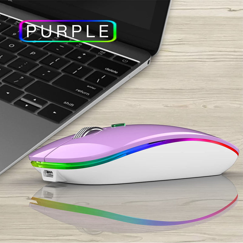 LED Wireless Mouse, G12 Slim Rechargeable Wireless Silent Mouse, 2.4G Portable USB Optical Wireless Computer Mice with USB Receiver and Type C Adapter (Purple) Purple