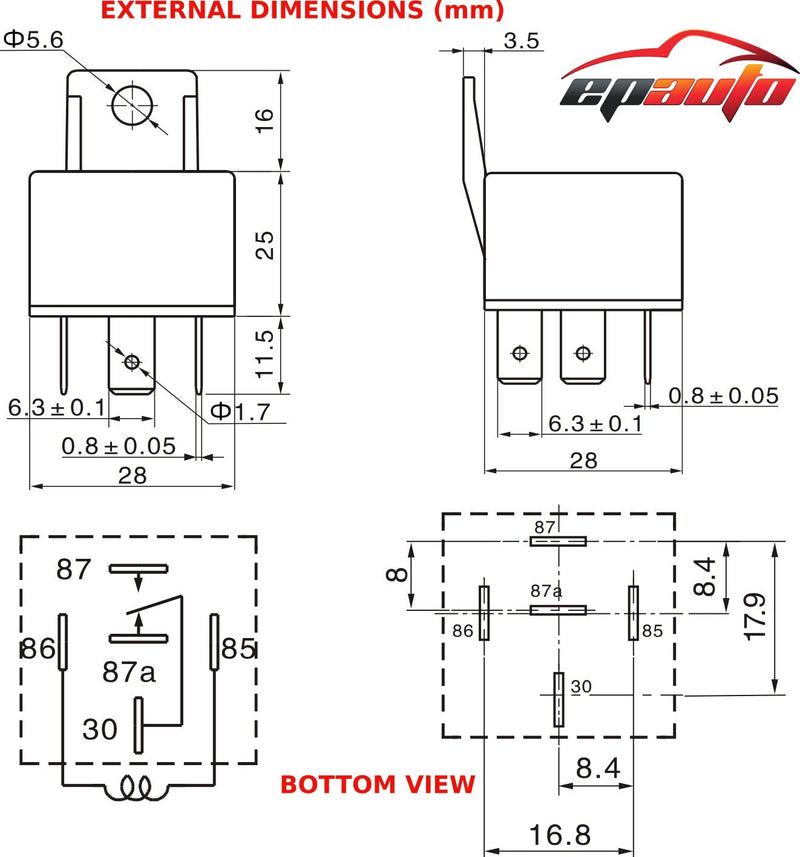 5 Pack - EPAuto 30/40 AMP Relay Harness Spdt 12V, 5-PIN SPDT Bosch Style