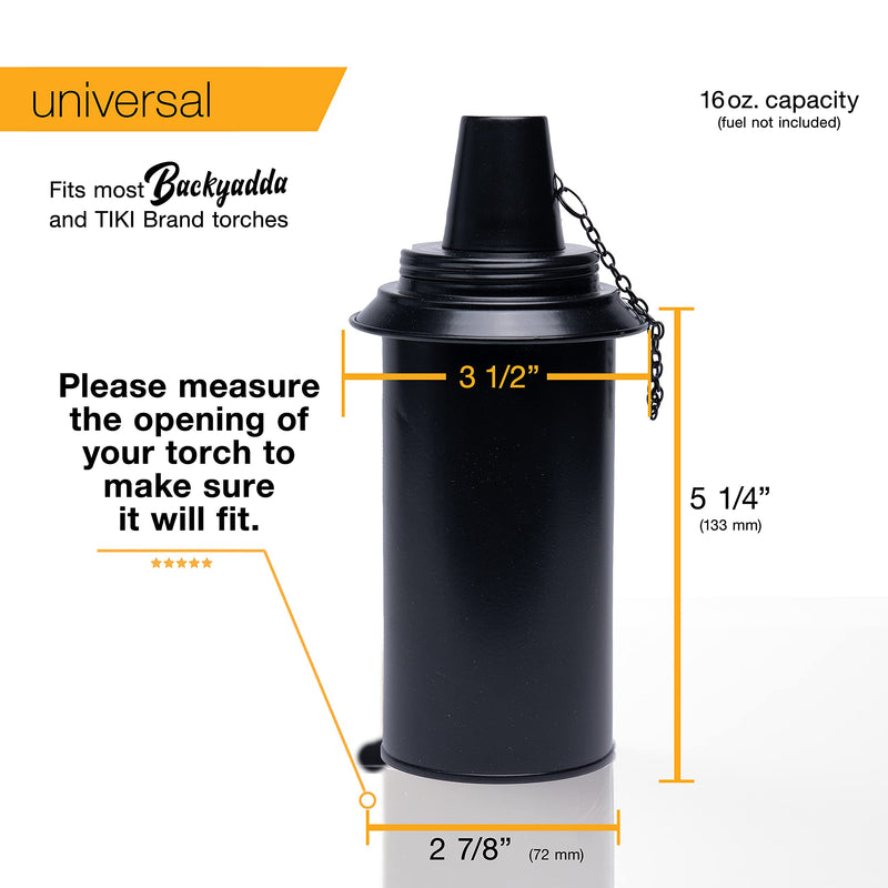 Backyadda Torch Replacement Canisters (16 oz). Compatible with Most Tiki Brands (Bamboo and Most Metal Styles). Easy Fill Opening. 4-Pack (with Snuffer Caps) With Snuffer Cap