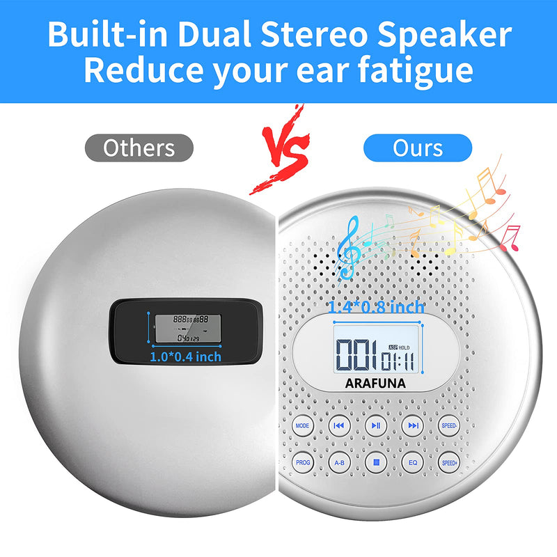 CD Player Portable, ARAFUNA Rechargeable Portable CD Players for Car with Speakers, Anti-Skip Walkman CD Player with Backlit Button, LCD Display and AUX Cable