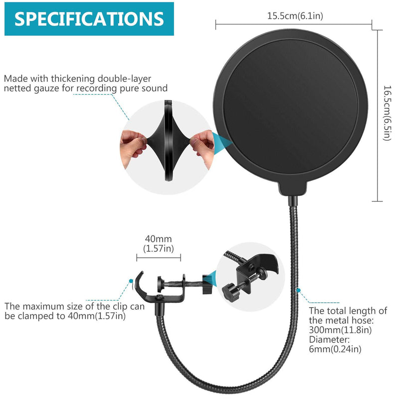 Neewer Professional Microphone Pop Filter Shield Compatible with Blue Yeti and Any Other Microphone, Dual Layered Wind Pop Screen With A Flexible 360 Degree Gooseneck Clip Stabilizing Arm Standard Packaging