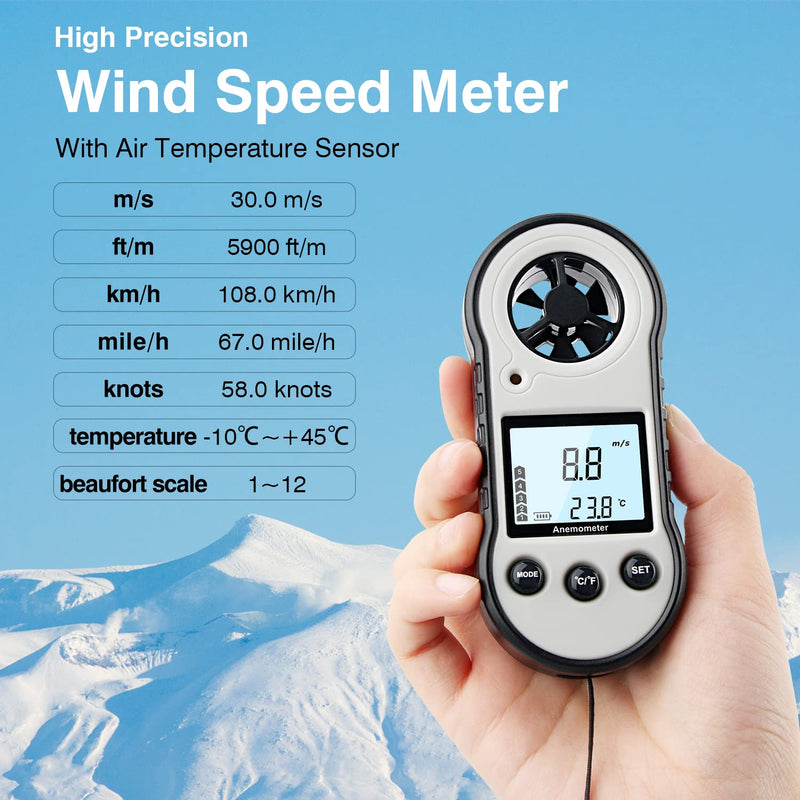 Digital Anemometer, Air Flow Meter with Wind Temperature Tool -10°C ~ 45°C, Anemometer for Measuring Airflow Speed, Anemometer for Sailing/Surfing/Fishing/Kite - Gray Gray.