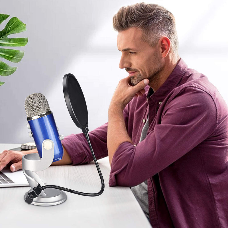 aokeo Professional Microphone Pop Filter Mask Shield For Blue Yeti and Any Other Microphone, Mic Dual Layered Wind Pop Screen With A Flexible 360° Gooseneck Clip Stabilizing Arm