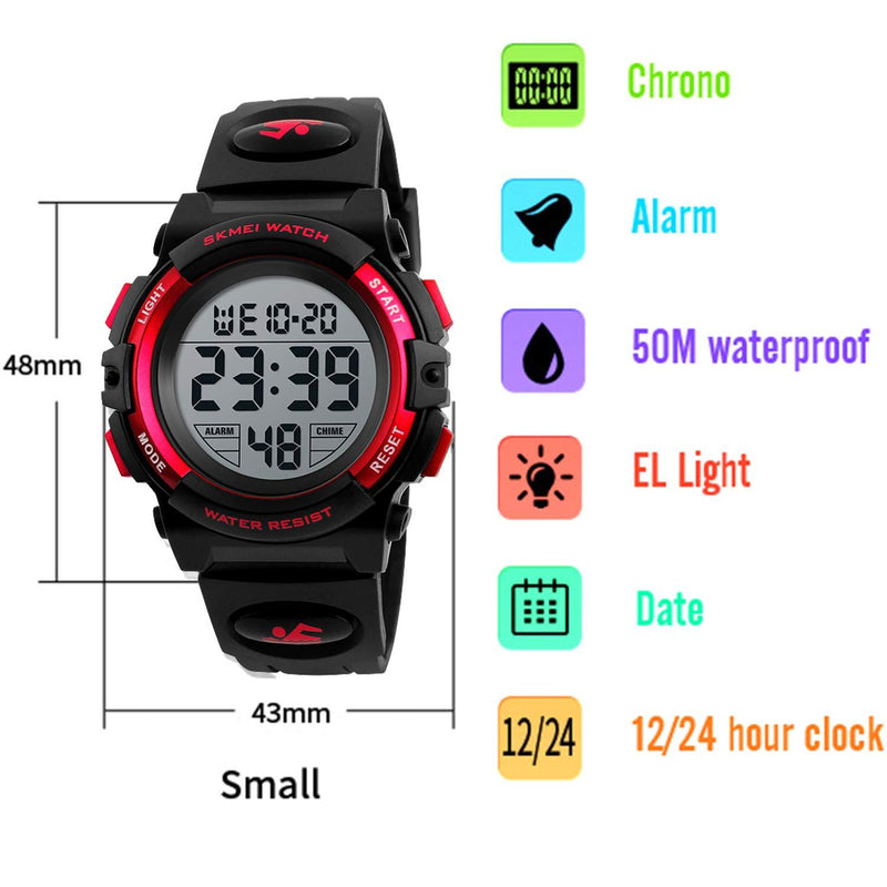 Kids Digital Watch Outdoor Sports 50M Waterproof Electronic Watches Alarm Clock 12/24 H Stopwatch Calendar Boy Girl Wristwatch Black Red