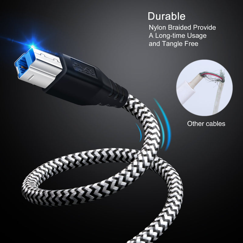USB 3.0 Cable A Male to B Male 6Ft, OKRAY 2 Pack Durable Nylon Braided Superspeed USB 3.0 A to B Cable Compatible for Hard Disk Drive, Scanner, USB Hub, Monitor and More(Black, White) Black,White