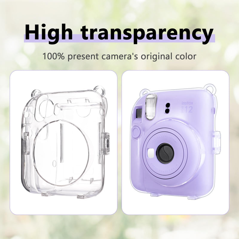 HIYQIN Upgrated Clear Case for Fujifilm Instax Mini 12 Instant Camera, Polaroid Instax Mini 12 Protective Cover Hard PVC Transparent Case with Adjustable Shoulder Strap and DIY Sticker (Purple) Original-Clear Case+2 Accessories Purple