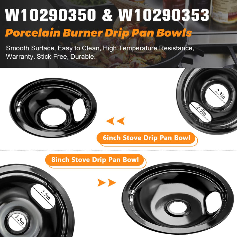 W10290350 W10290353 Porcelain Burner Drip Pan Bowls Replacement by Blutoget - Fits Whirl-pool Electric Range Cooktop Includes 2 Pack 8-Inch and 2 Pack 6-Inch Pans(Black Porcelain)