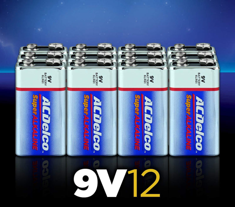 ACDelco 12-Count 9 Volt Batteries, Maximum Power Super Alkaline Battery, 7-Year Shelf Life, Recloseable Packaging
