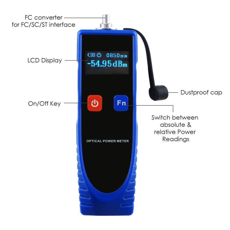 OPM Optical Power Meter Digital Power Factor Meter, -70~6dBm with 6 Optic Wave Length, Portable Fiber Optic Cable Tester with FC converter for FC/SC/ST