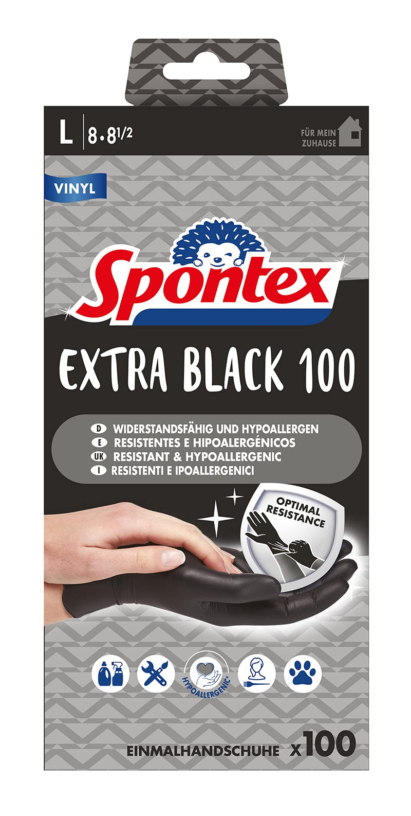 Spontex Extra Black disposable gloves made of vinyl, powder-free and latex-free, versatile, in a practical dispenser box, size L, pack of 100, black